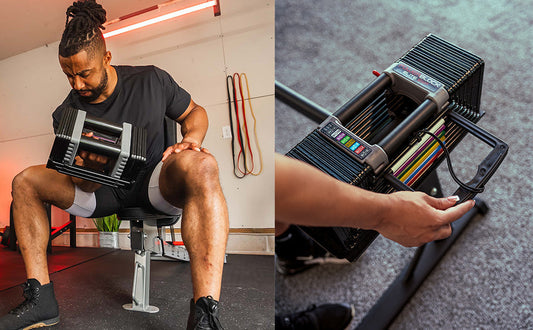 PowerBlock Sport 90 EXP Stage 1 – Verstelbare halters met uitbreidbare gewichtsopties.