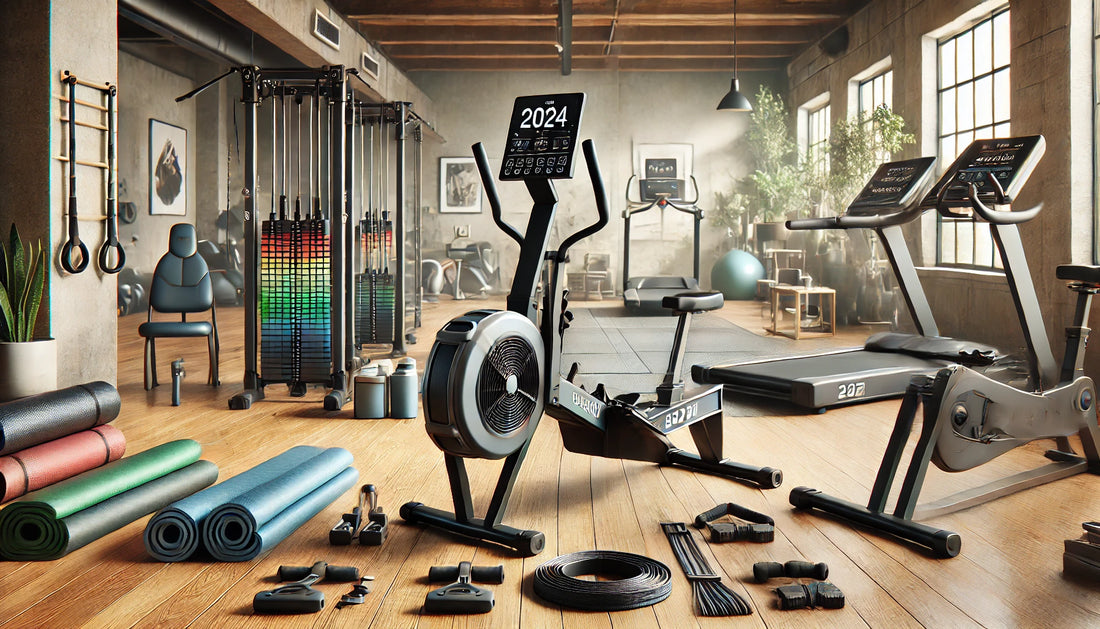 Budgetvriendelijke fitnessapparaten voor een effectieve home gym, inclusief een weerstandsbandsysteem, opvouwbare hometrainer, verstelbare halterset, power tower, en inklapbare roeitrainer.