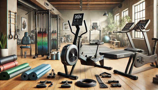Budgetvriendelijke fitnessapparaten voor een effectieve home gym, inclusief een weerstandsbandsysteem, opvouwbare hometrainer, verstelbare halterset, power tower, en inklapbare roeitrainer.