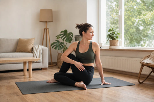 Een goede yogamat voor thuisfitness kiezen: waar let je op? in een rustige, lichte thuisomgeving